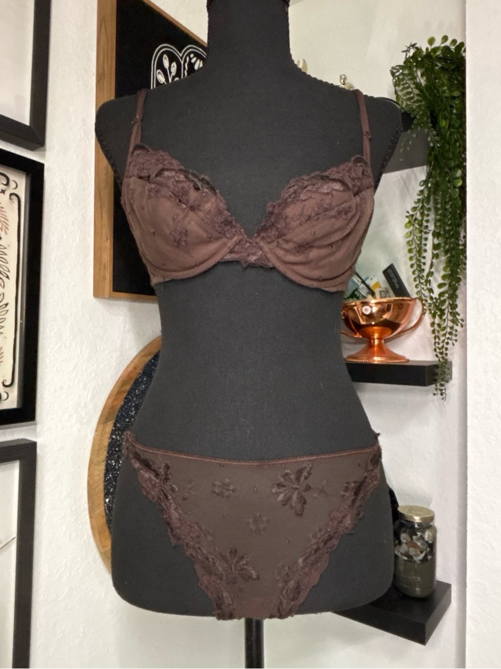 Vintage La Perla Lingerie Set Brown Sheer Mesh Bra 3/M & Thong 2/S
